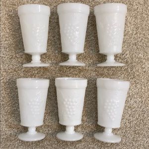 Set of six White hobnail glasses.